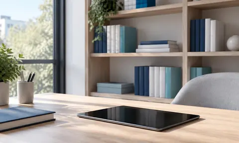 Des livrets rangés sur une étagère et une tablette posée sur la table.