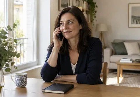 Une femme détendue parle au téléphone.